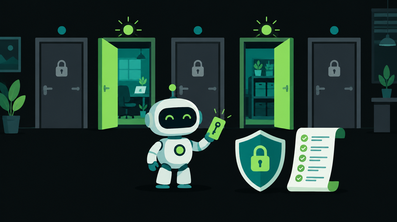 Illustration of a small robot with a key card in front of open and locked doors, representing agent permissions