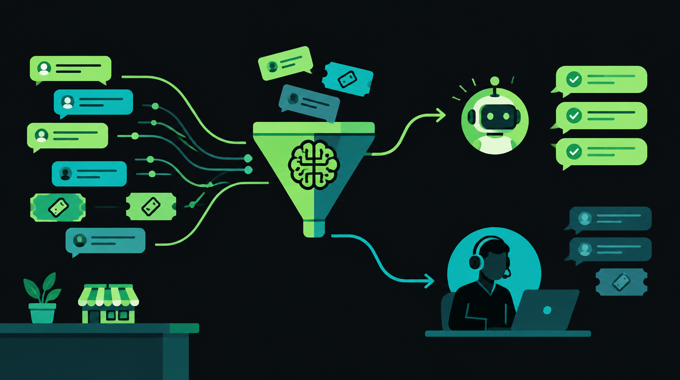 Illustration of support messages being sorted by AI, with some routed to a human agent