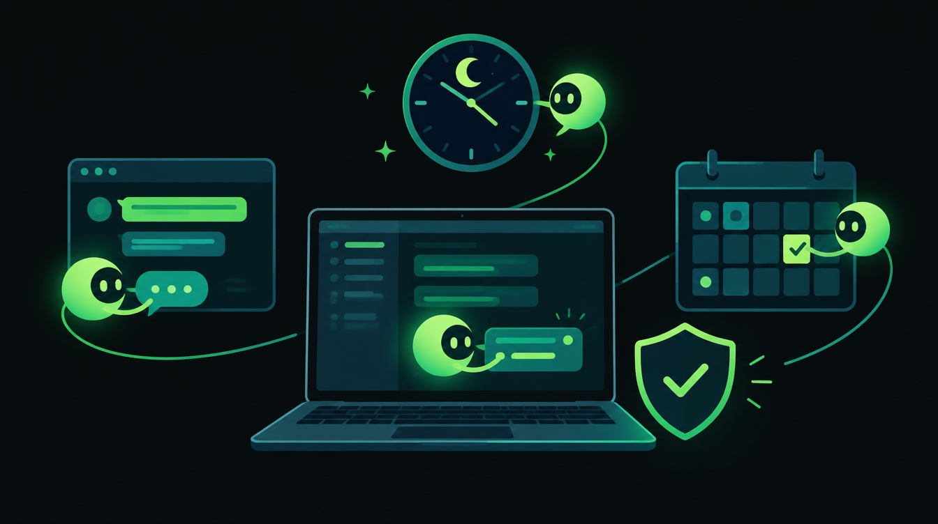 Illustration of small AI assistants working around the clock across a laptop, chat window and calendar