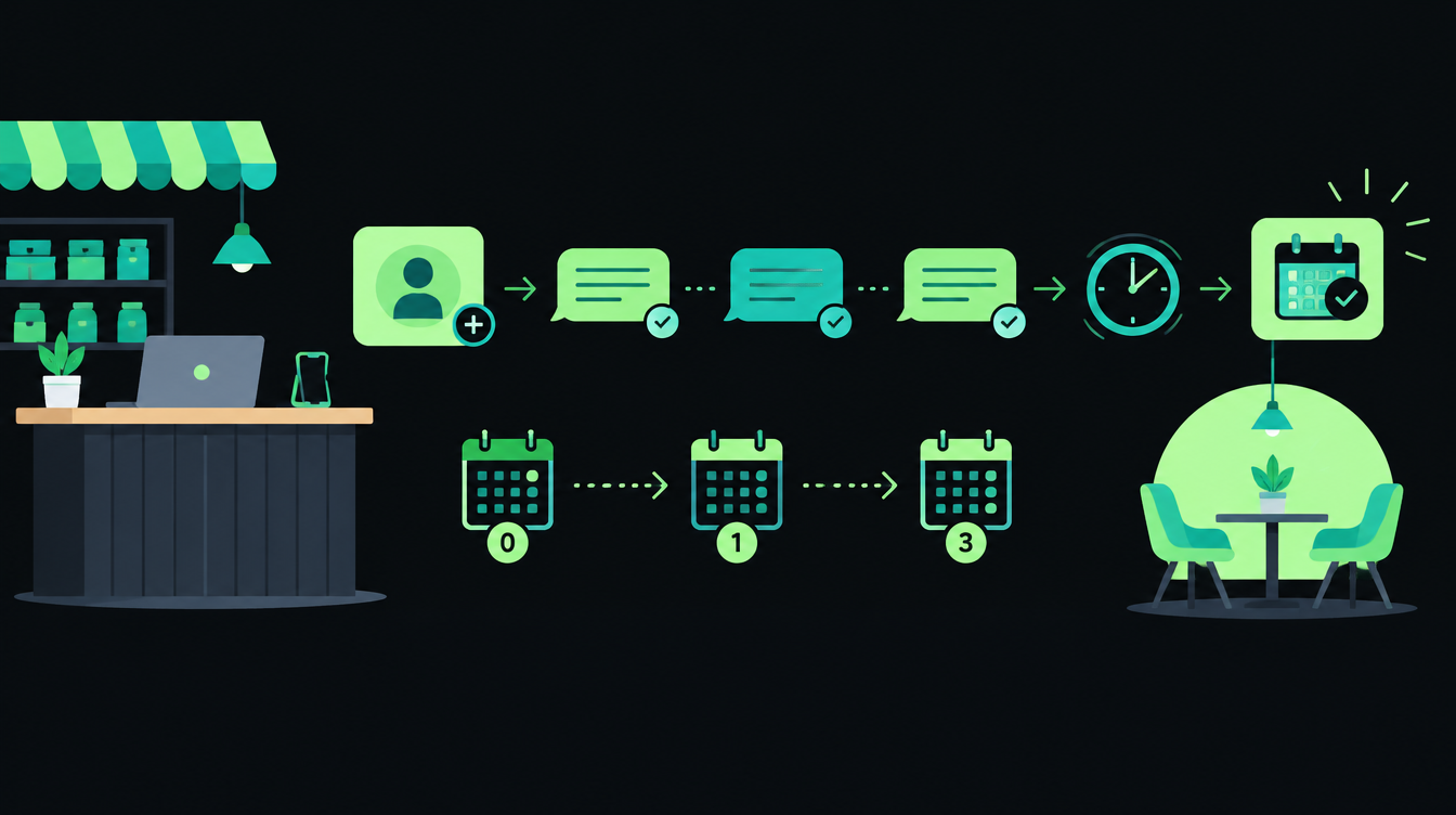 Illustration of a lead moving from a new enquiry to a booked meeting through a chain of follow-up messages