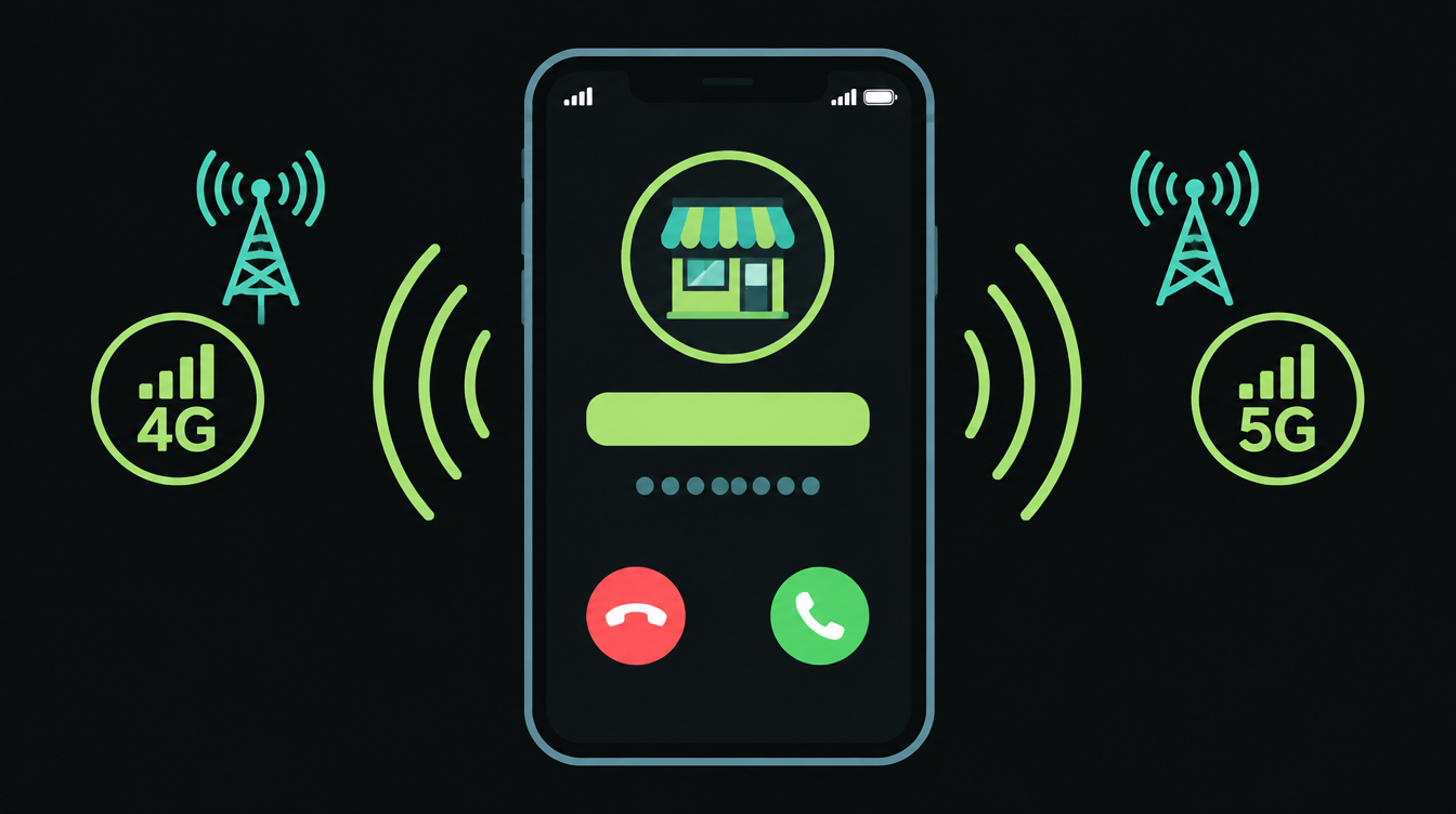 Illustration of an incoming call on a smartphone with a caller name label and a small shop icon