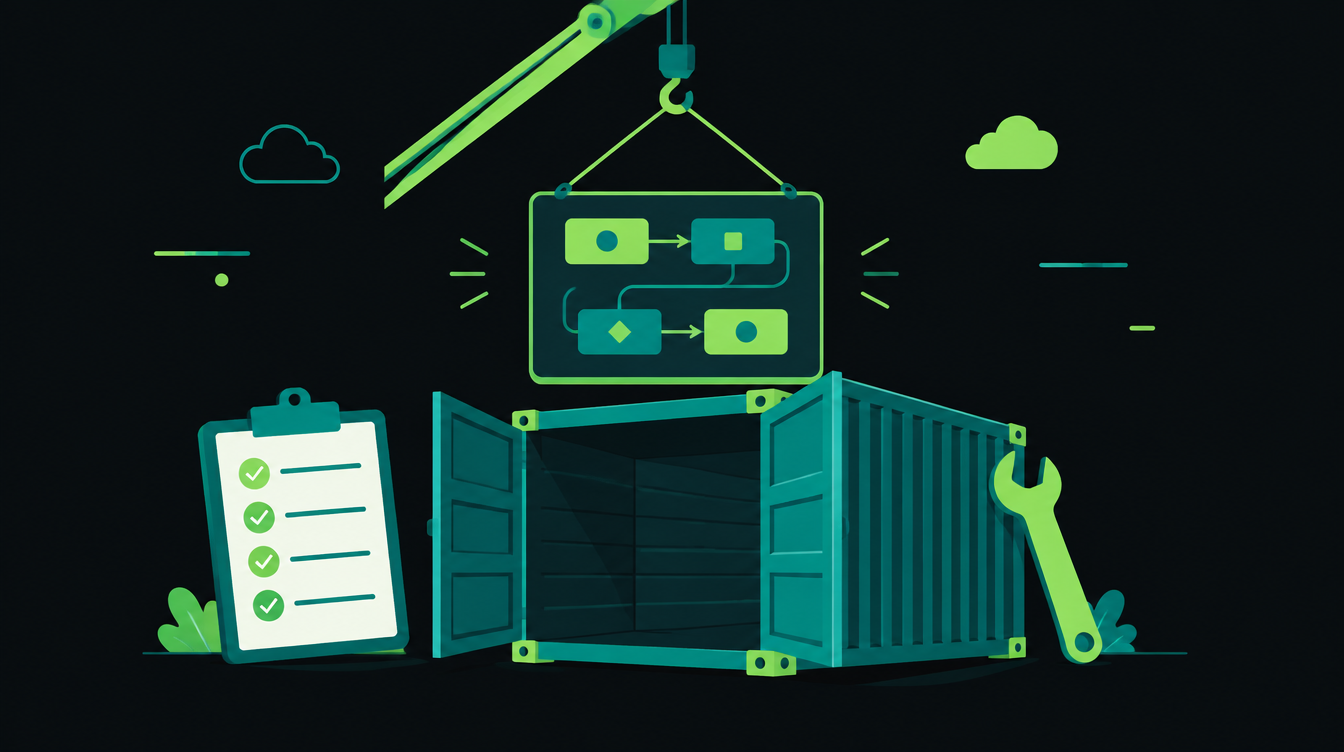 Illustration of a node-based workflow being moved onto a new container platform with a checklist