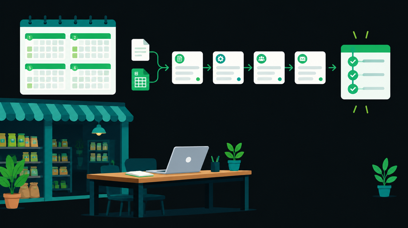 Illustration of a four-week calendar beside a simple automated workflow on a small office desk