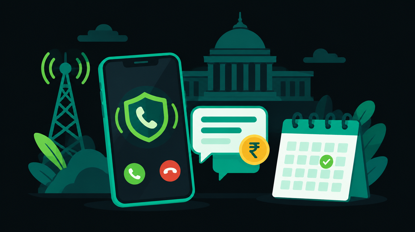 Illustration of a phone with a call shield, a chat bubble with a rupee coin and a calendar marked October