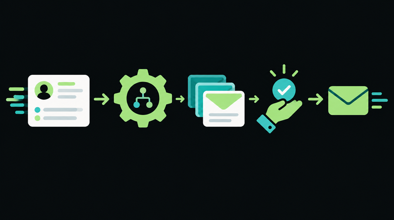 Illustration of a new lead card flowing through a workflow into draft emails with a human approval check